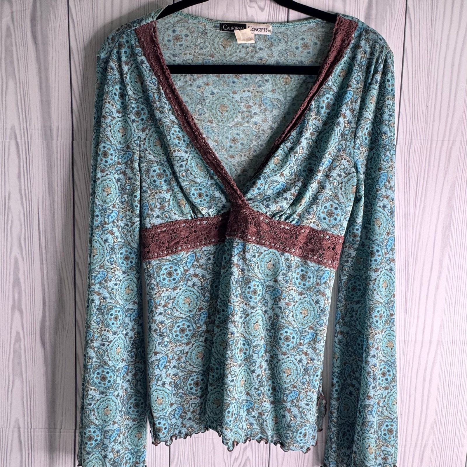 Vtg Y2K 90s California Concepts Lace Trim Babydoll XL USA Bell Sleeve Boho