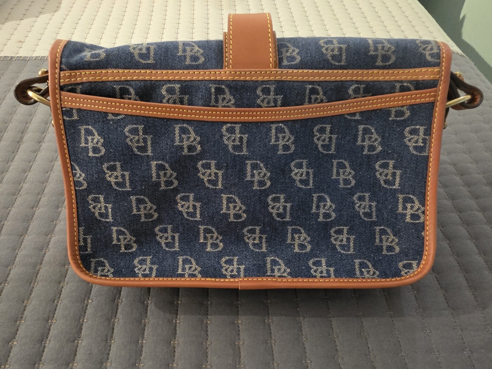 Dooney & Bourke Signature Vintage Equestrian Bag Blue Denim Brown Leather Trim