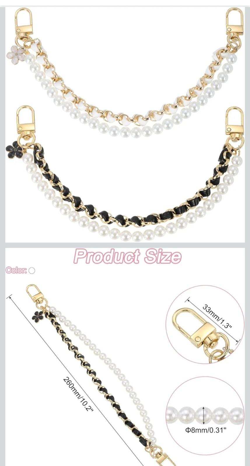 Uxcell Pearl Purse Double Chain Extender Chain 2 Pcs 10.2″