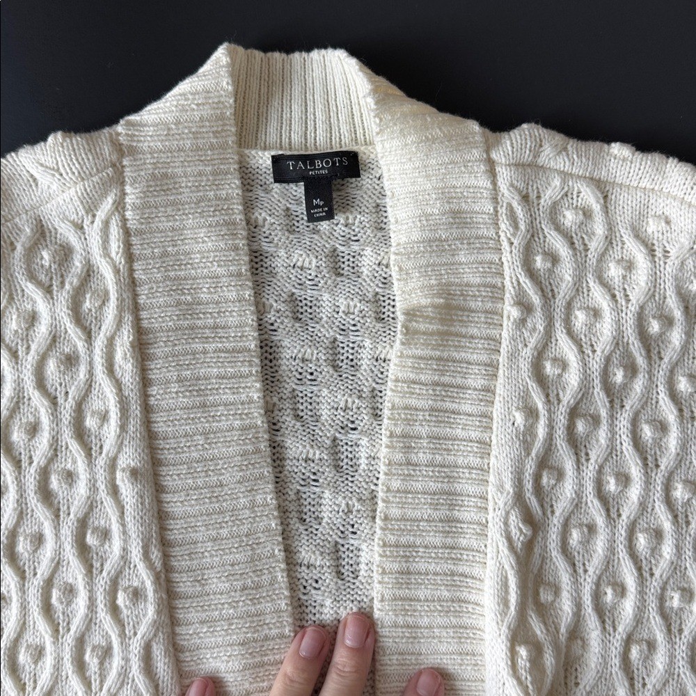 Talbots Cable knit Open Front Long Line Split Hem Cashmere Blend Cream Chunky MP