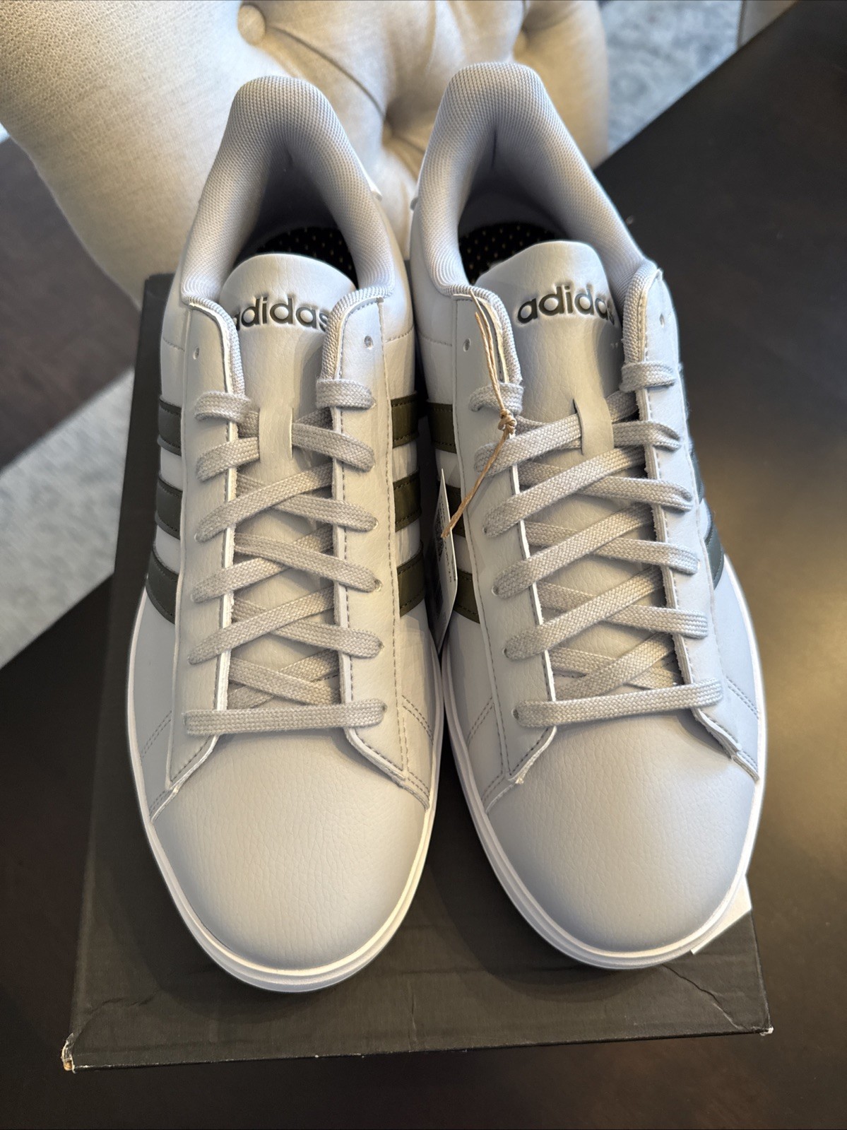 Size 10.5 Men’s adidas Grand Court Halo Silver Shadow Olive Sneakers ID4468
