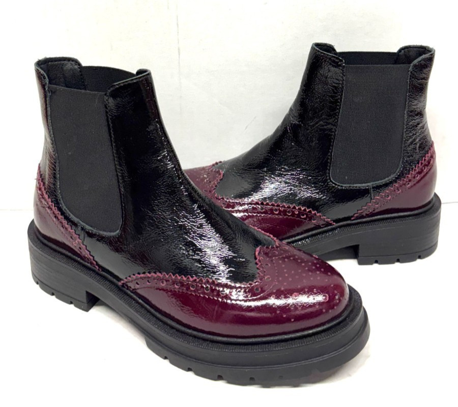 MIZ MOOZ PATENT LEATHER SIDE ELASTIC GORE BOOTS WINE 37EU / 7US NEW # Z-228