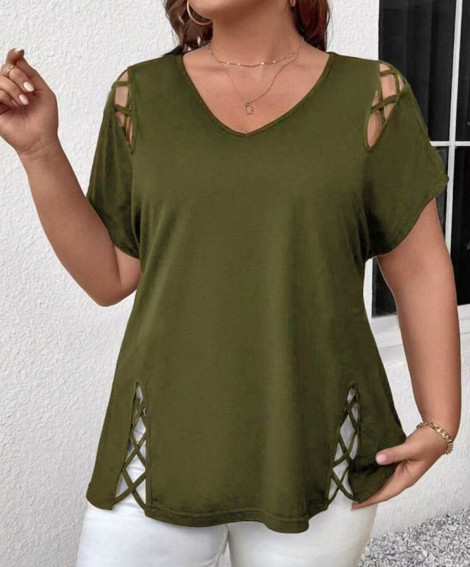 Plus Size V Neck Cutout Short Sleeve Tee Crisscross Casual Summer Top 0XL-5XL