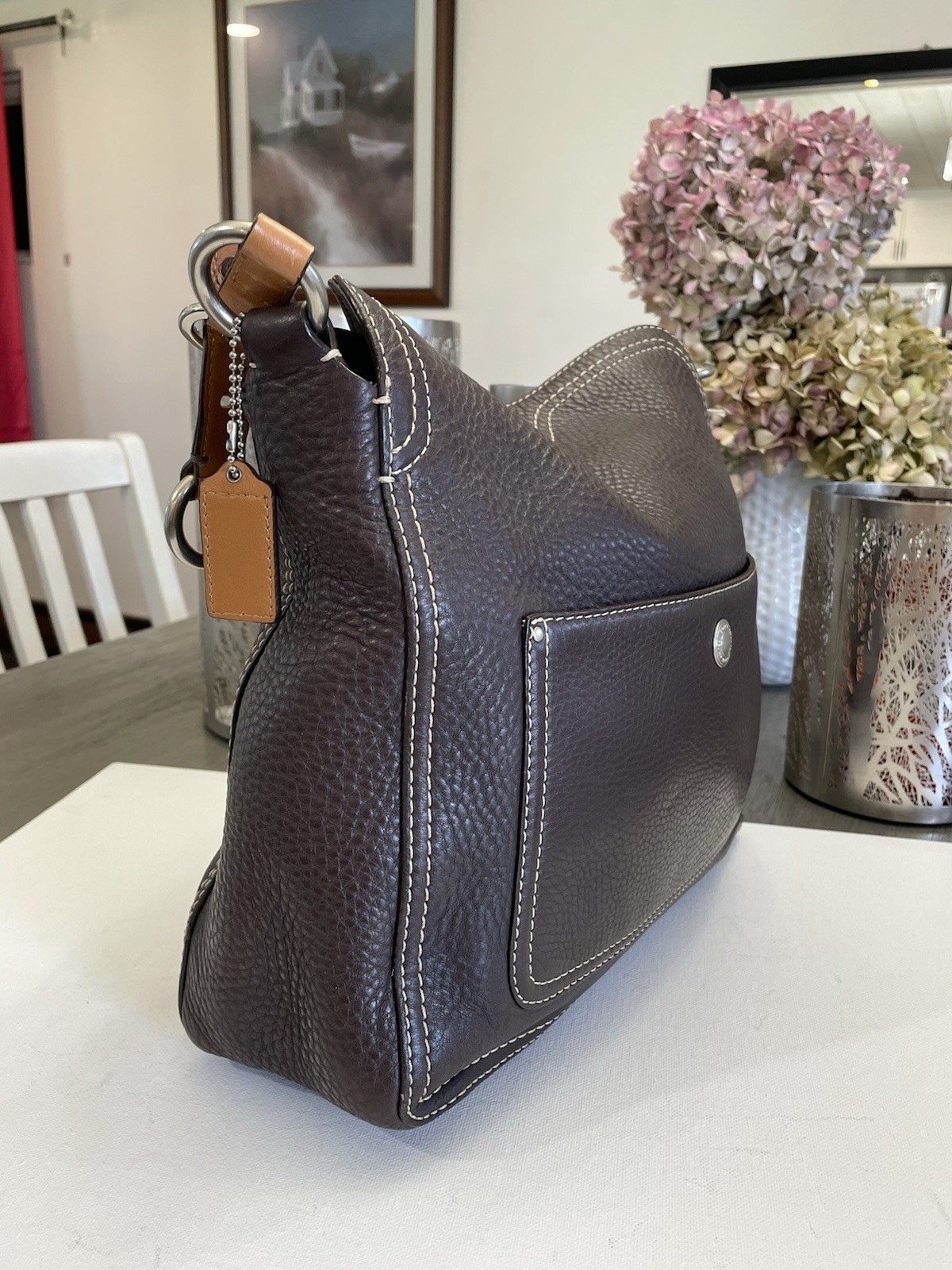 Coach Luxe Dark Brown Pebbled Leather Shoulder Bag Tote Purse w/ Wristlet Set