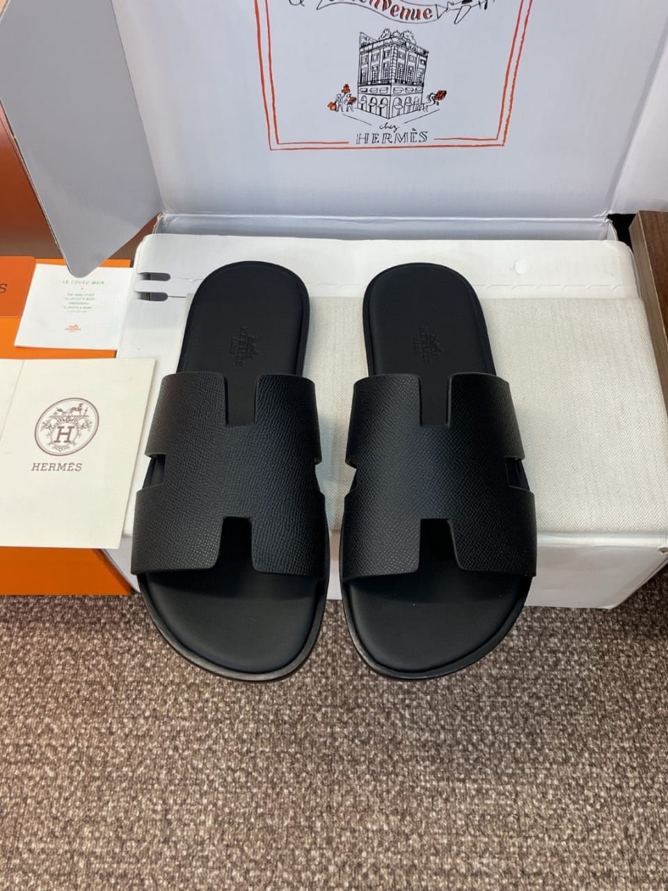 Hermès Oran H Sandals Black Epsom Leather Men’s Designer Slide Luxury Summer Sho