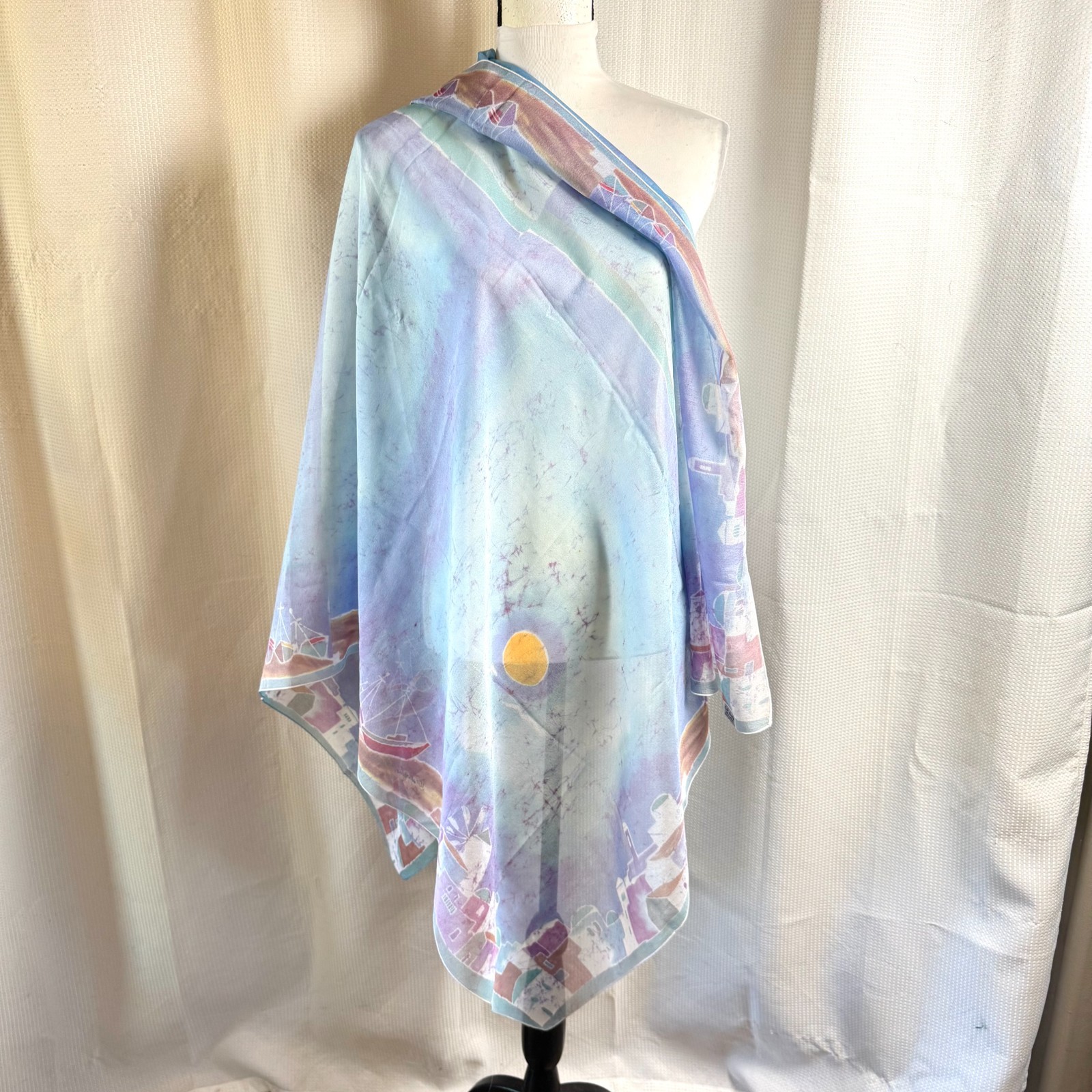Hand Painted Scarf CM Batik M Cabeli Silk Chiffon Made in Greece Santorini EUC