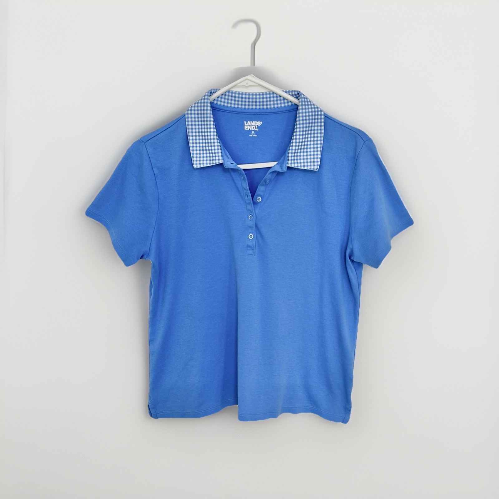 Lands End Womens Sz M Blue SS Gingham Collar Cotton Polo Shirt Top Sweet Pretty
