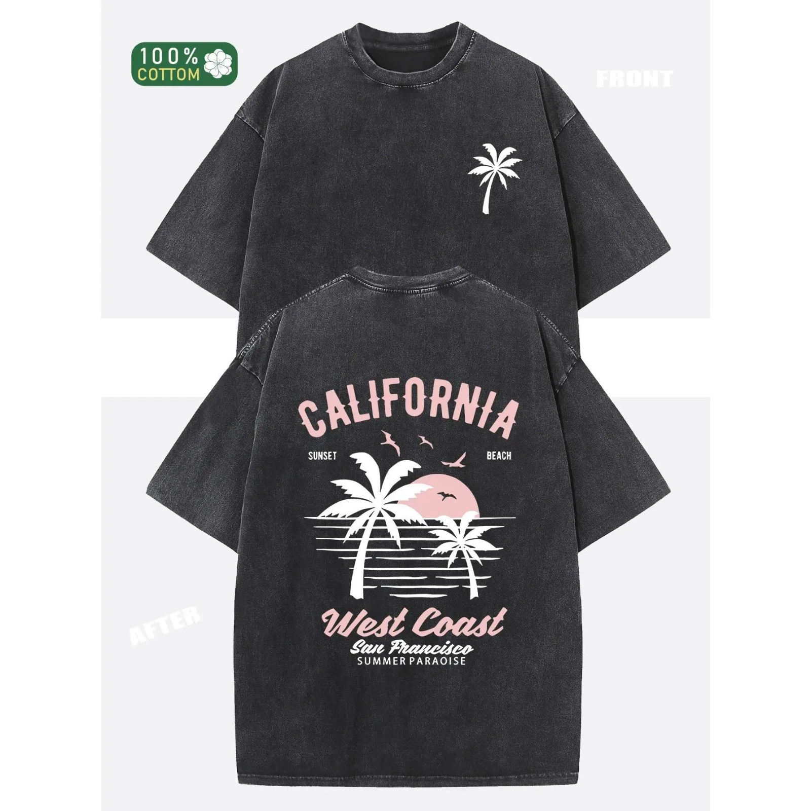 Washed Cotton California Graphic Tee – 230g Soft Vintage Surf Beach Tee with Pal