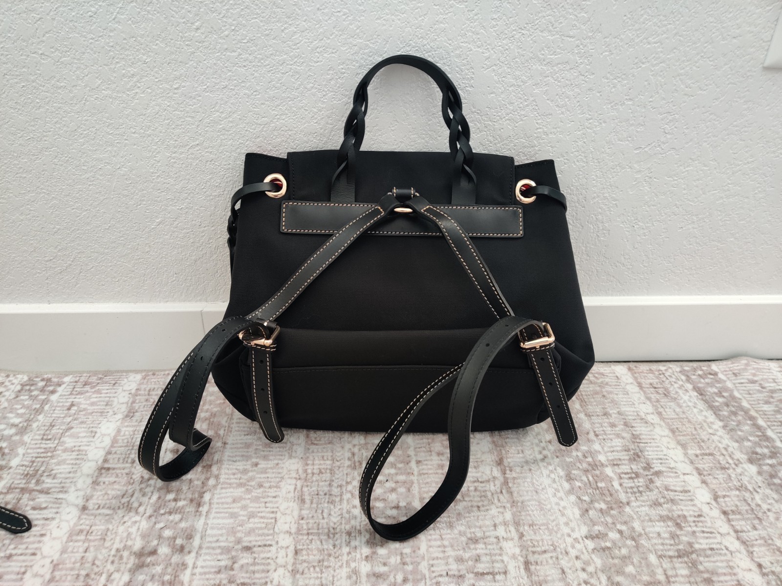 Dooney & Bourke Black Backpack Red Lined Top Handle Buckle Gold HW Medium