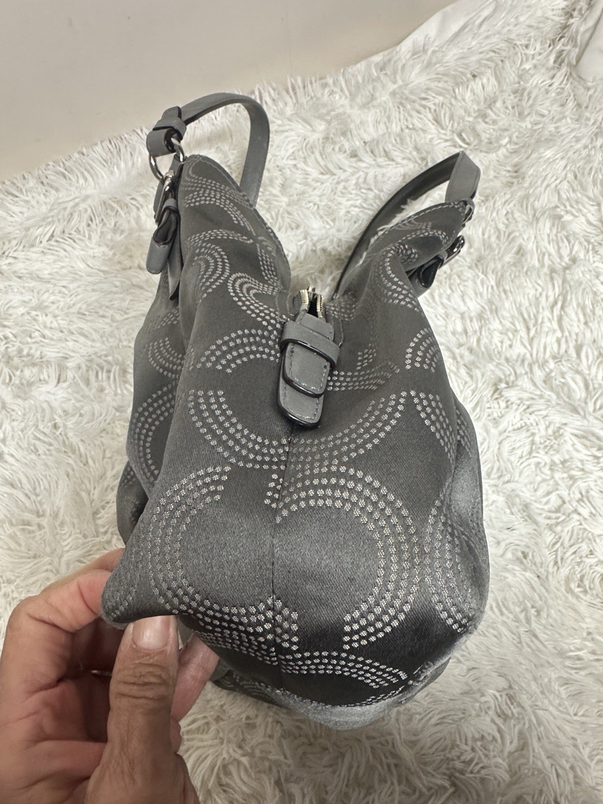 Coach Madison Maggie Dotted Op Art Gray & Silver Sateen Hobo Shoulder Bag