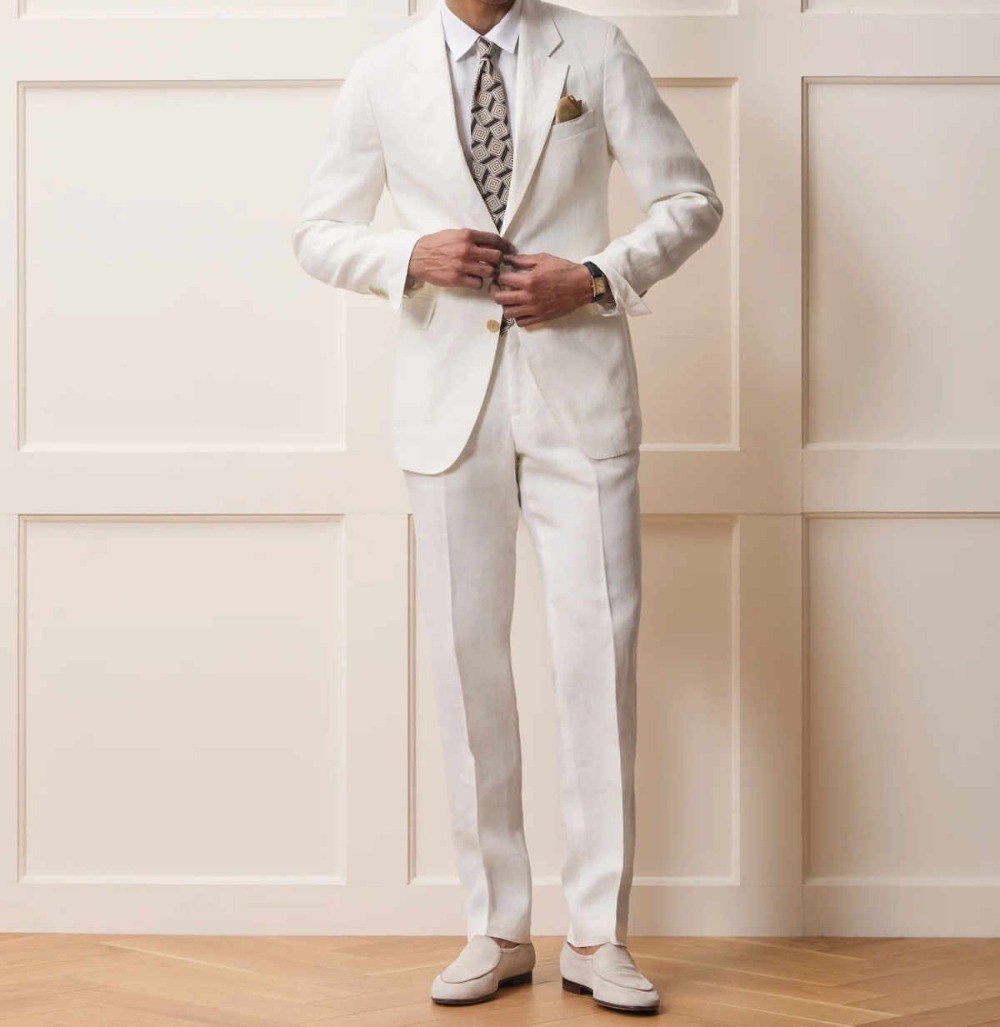 Men Breathable Linen Suit For Tropical Honeymoon Backyard Wedding Notch Lapel