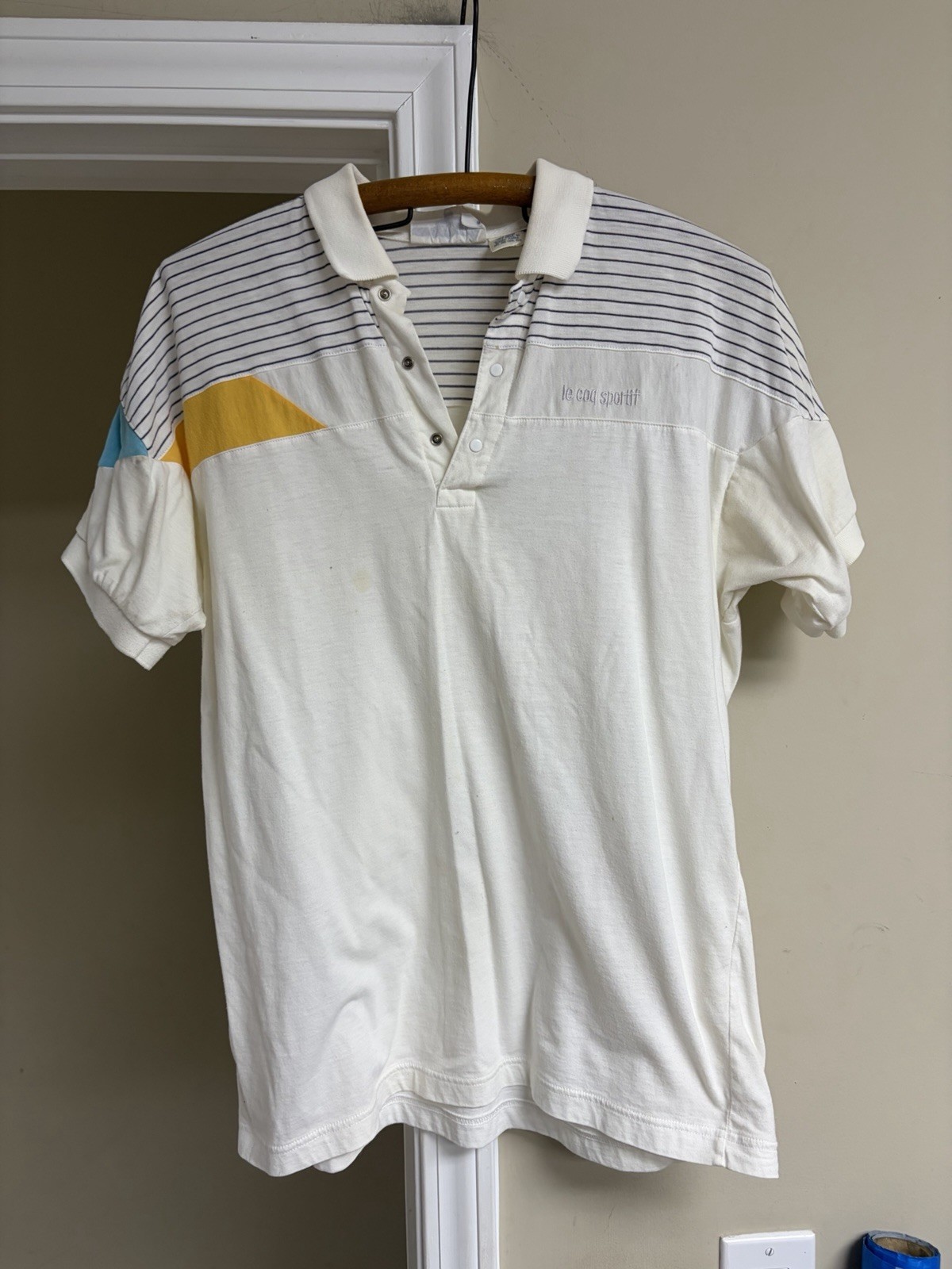 Vintage Le Coq Sportif Shirt Mens Medium Ivory Made in Japan Polo Retro Slim 90s