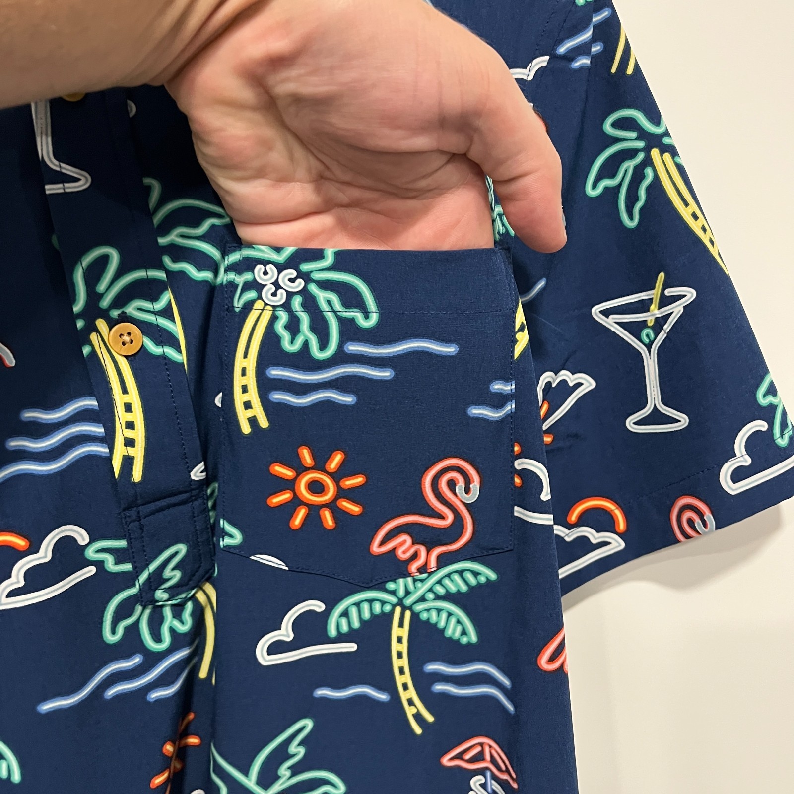Chubbies Shirt Mens Small Blue Neon Trees Flamingos Cups Print Performance Polo