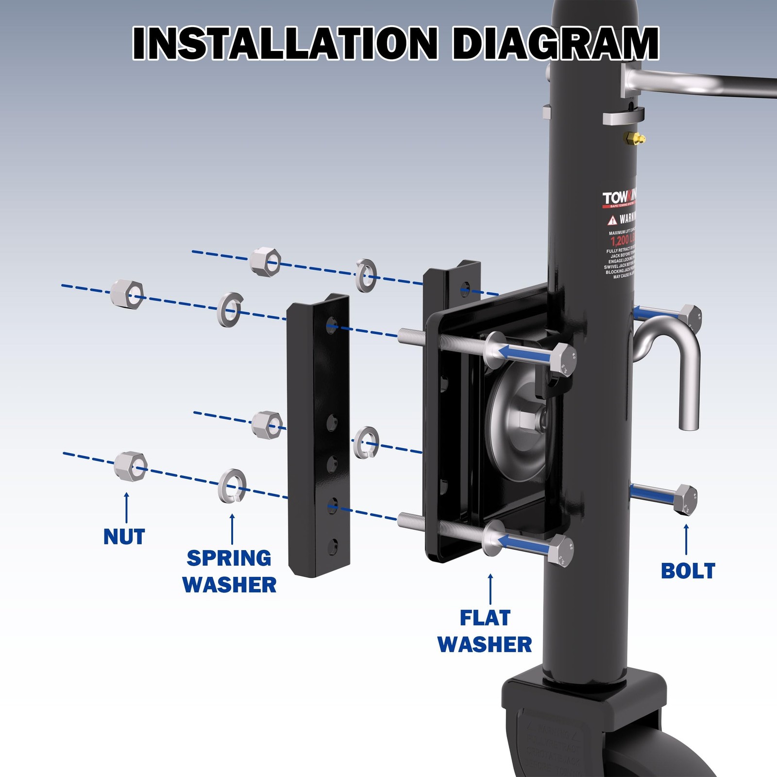 TOWKING 1200lb Boat Trailer Jack with Wheel 10 in Lift Utility