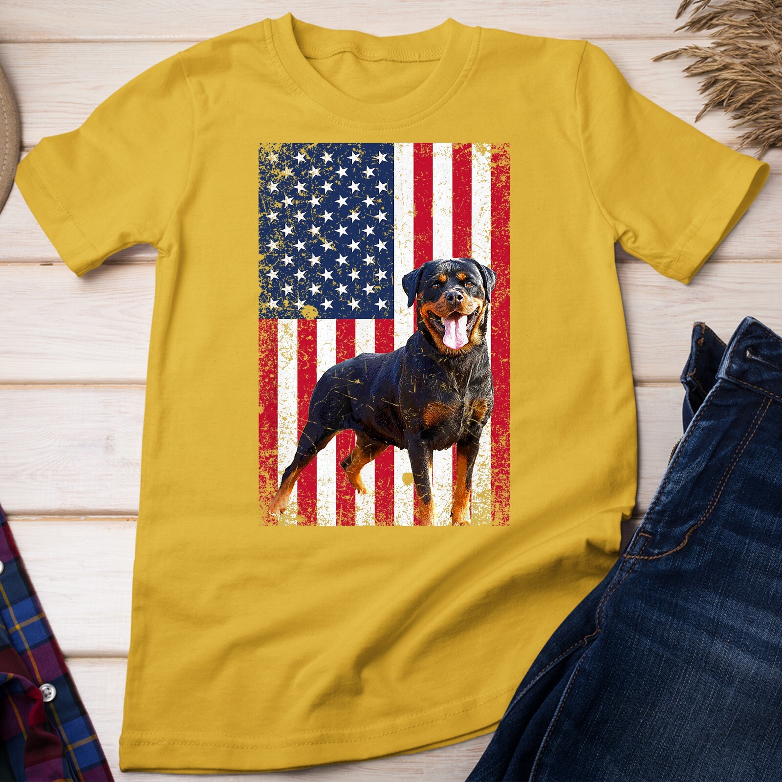 American Flag Rottweiler Dog Lover Funny 4th of July Dog T-Shirt Unisex T-shirt
