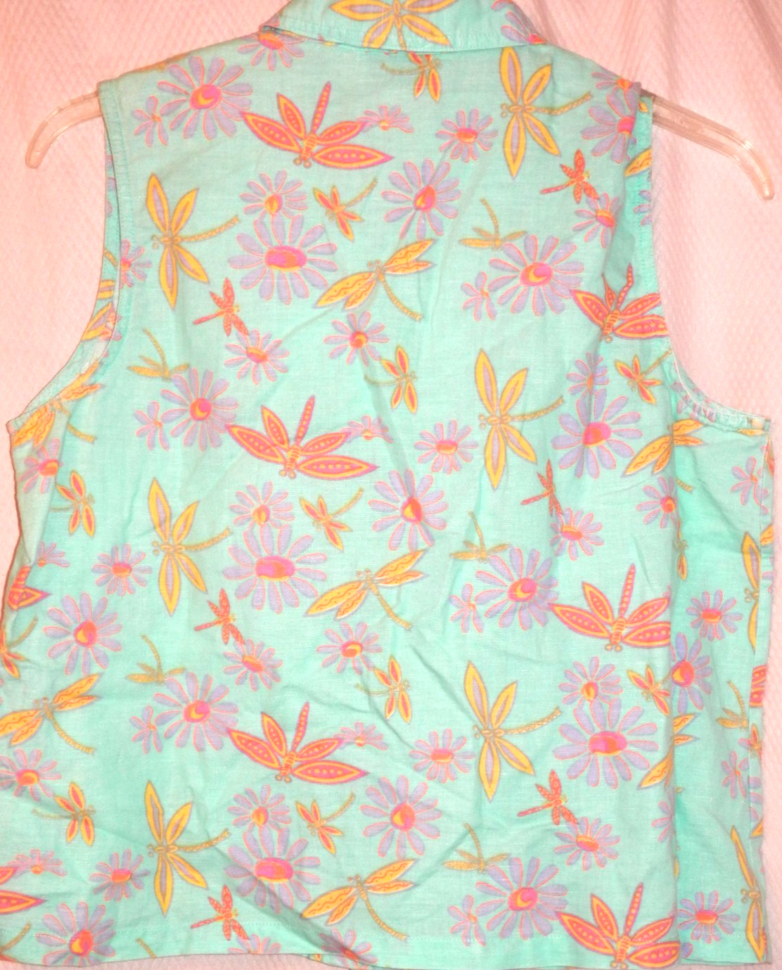 Lemon Grass Women’s Linen Blend Sleeveless Blouse Sz L Mint/Floral Dragonfly