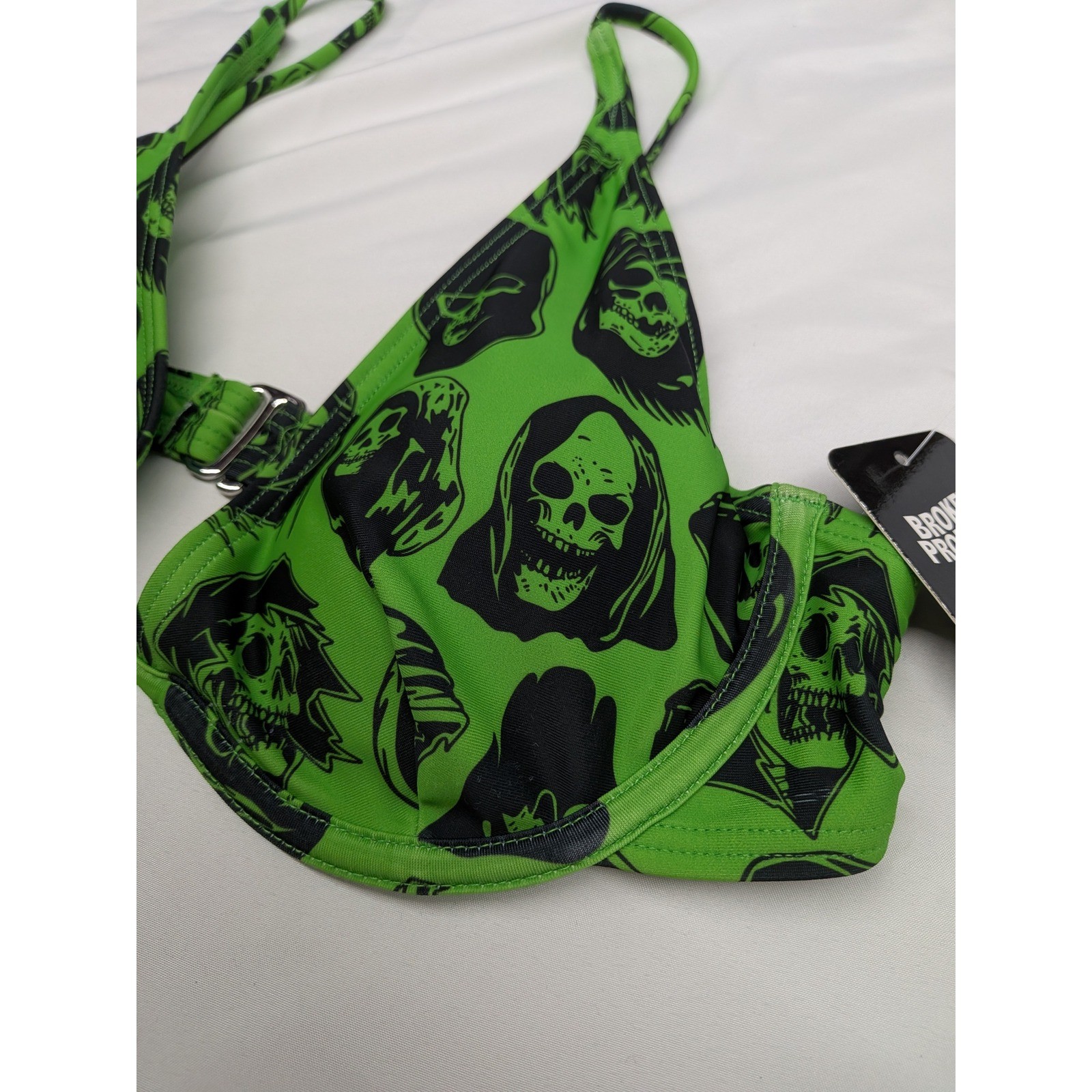 Broken Promises Green Reaper Skull Underwire Bikini Top NWT Womens Large