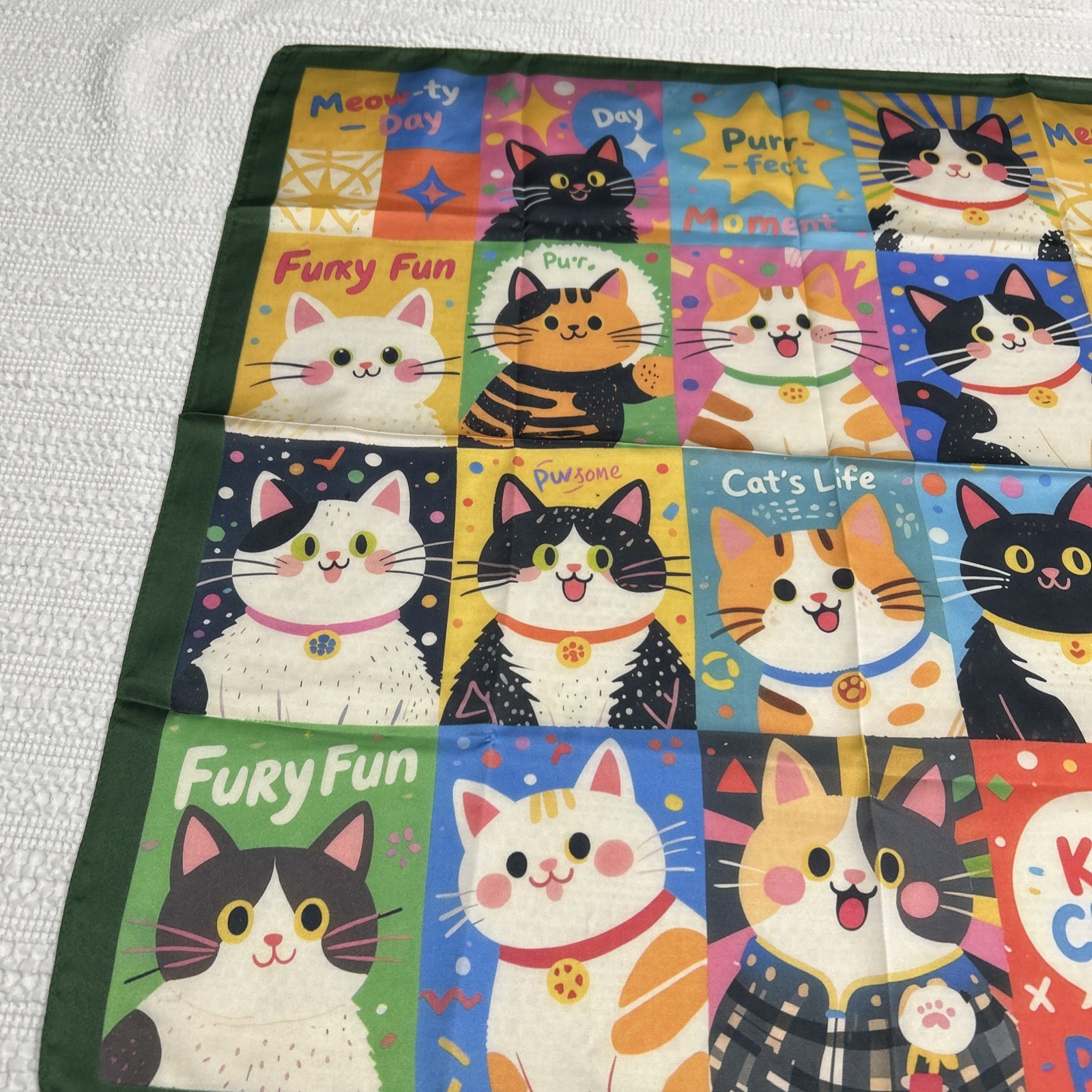 Colorful Cats Funky Fun 26” Square Scarf Floaty Green Border New Breeds Kitties