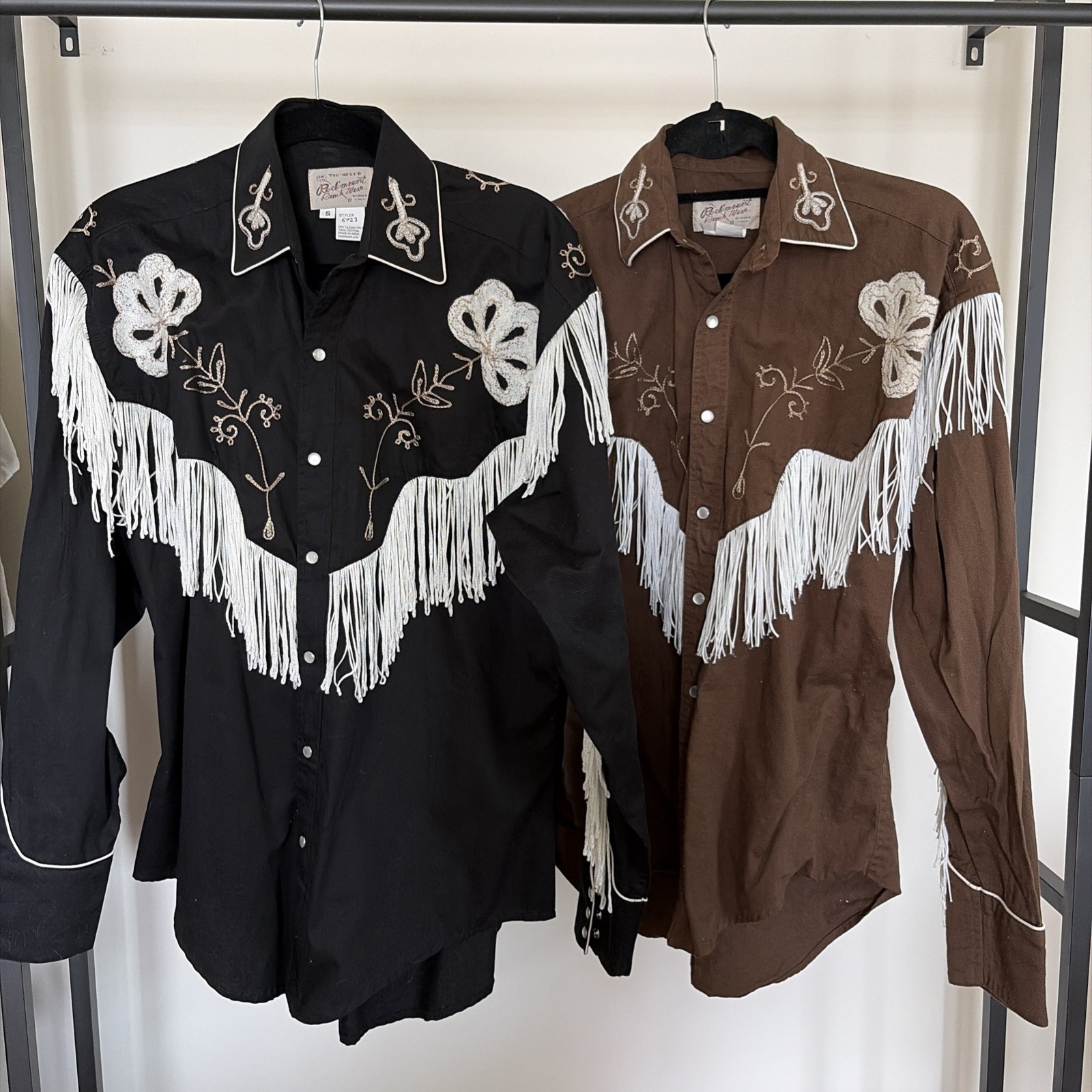 2 Tru-West Rockmount Ranch Wear Brown Black Long Sleeve Snap Fringed Mens Small