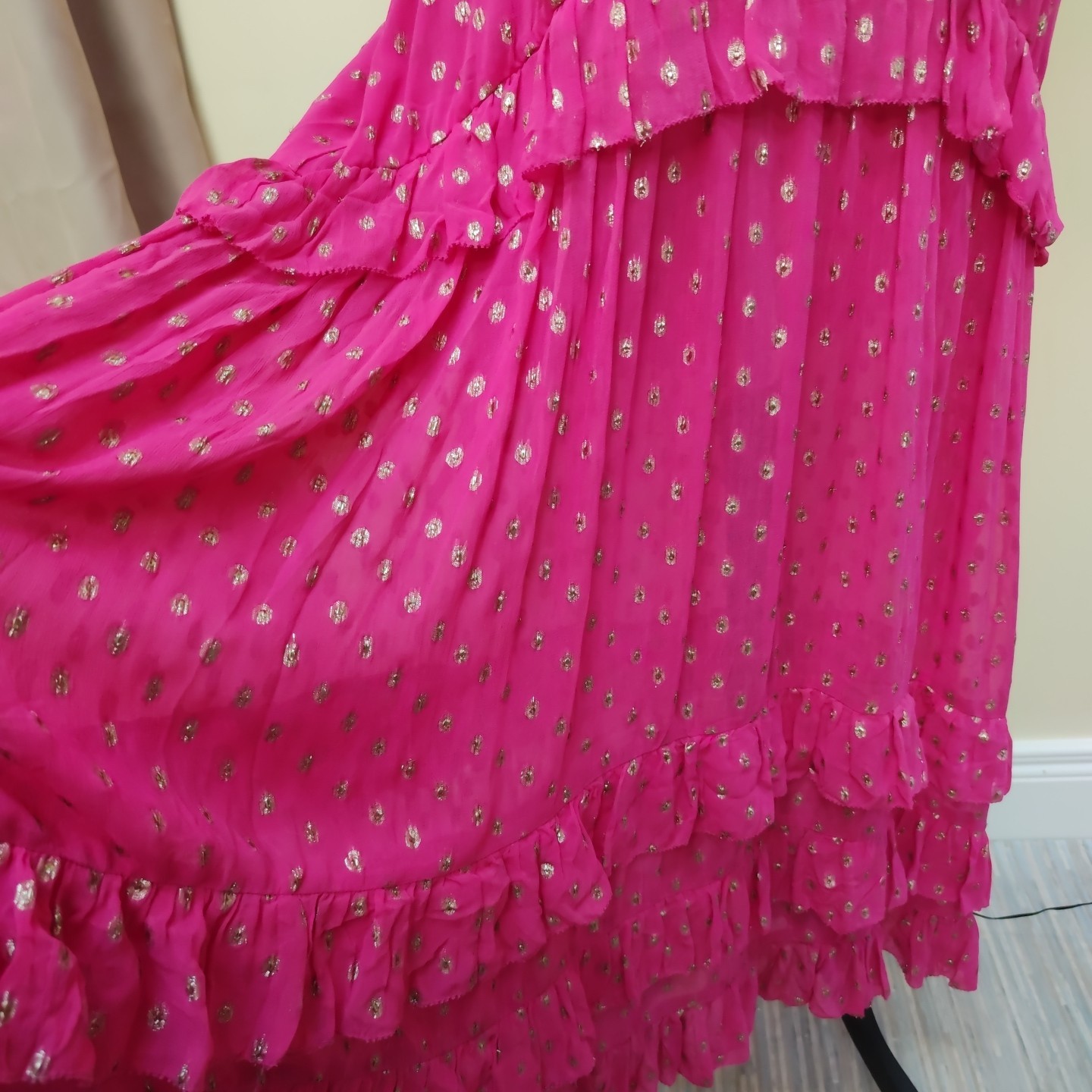 Rixo Pink Gold Dot Midi Dress XXL Size 18 Shireen Layers Sheer V-back Wedding