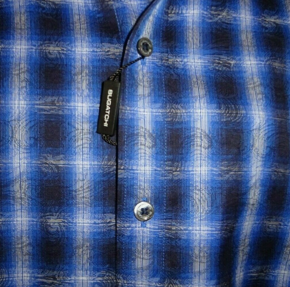 Bugatchi Long Sleeve Shirt XXL Shaped Fit Navy Blue Wavy Geo Check Pattern NWT