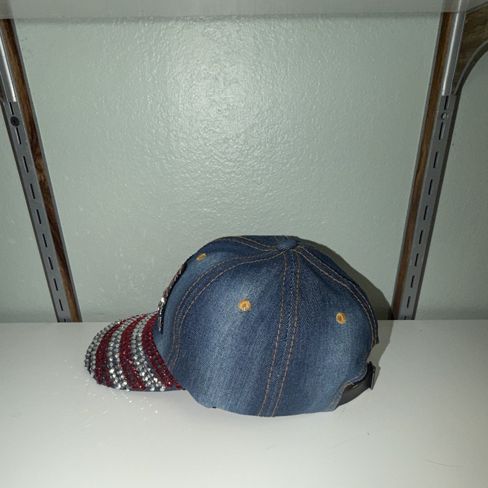USA Red White Blue Rhinestone Baseball Cap Bling Studded Denim Hat NEW
