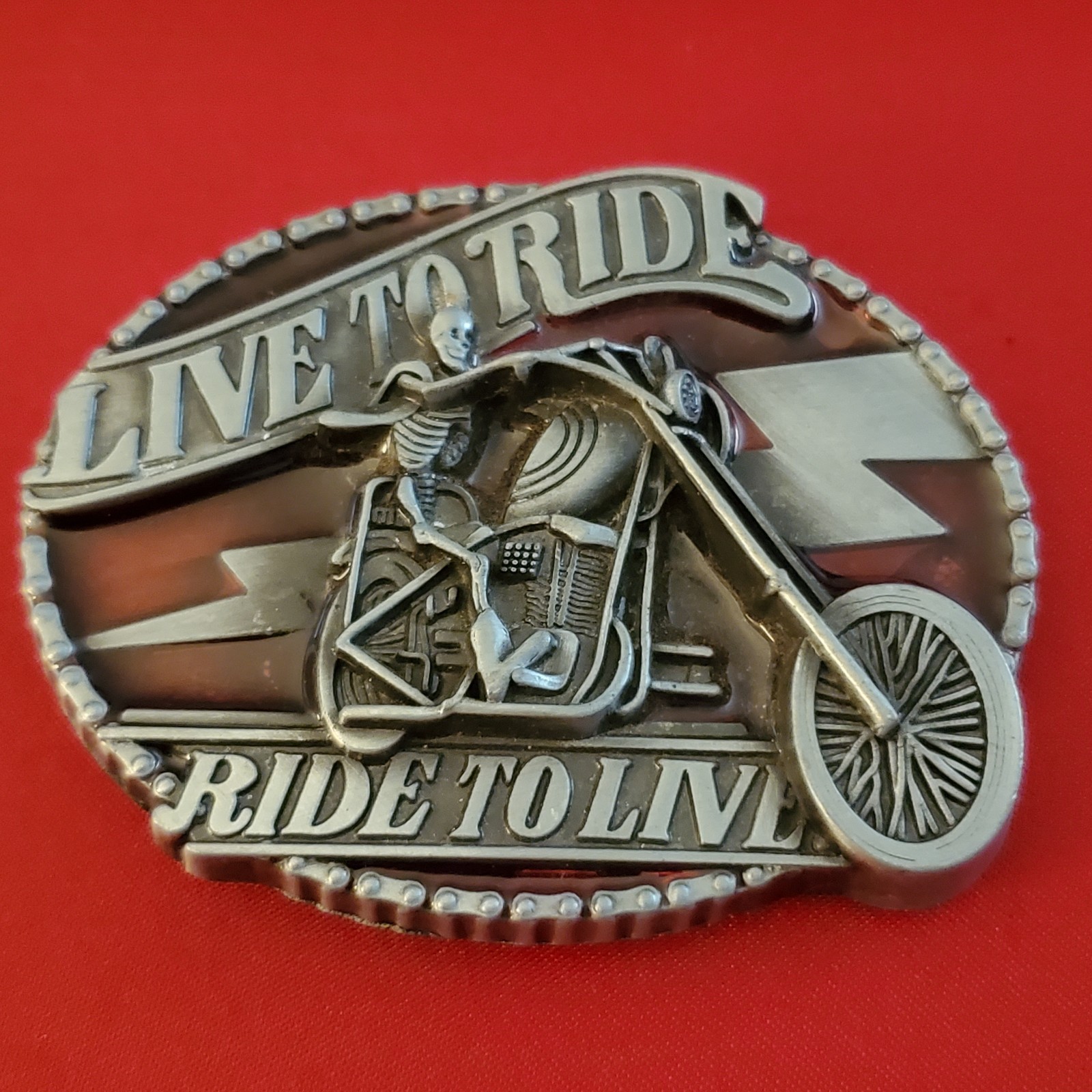 Live To Ride Ride To Live Belt Buckle Silver With Red Enamel 3″ W x 2 1/2″ T EUC