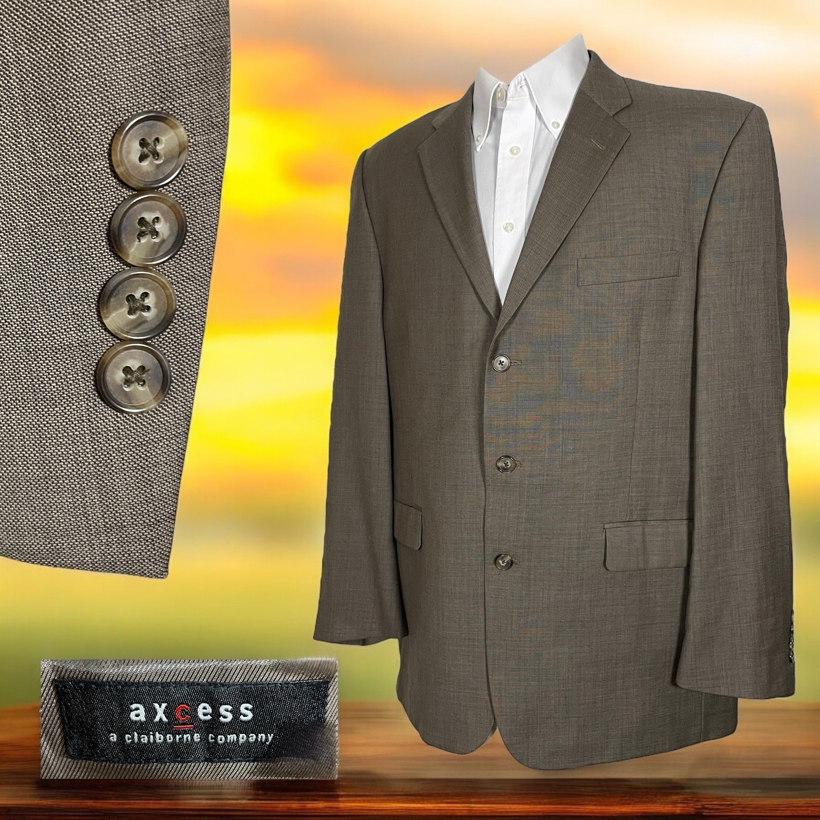Axcess Sport Coat Mens 46R Brown Solid Polyester Wool Three Buttons