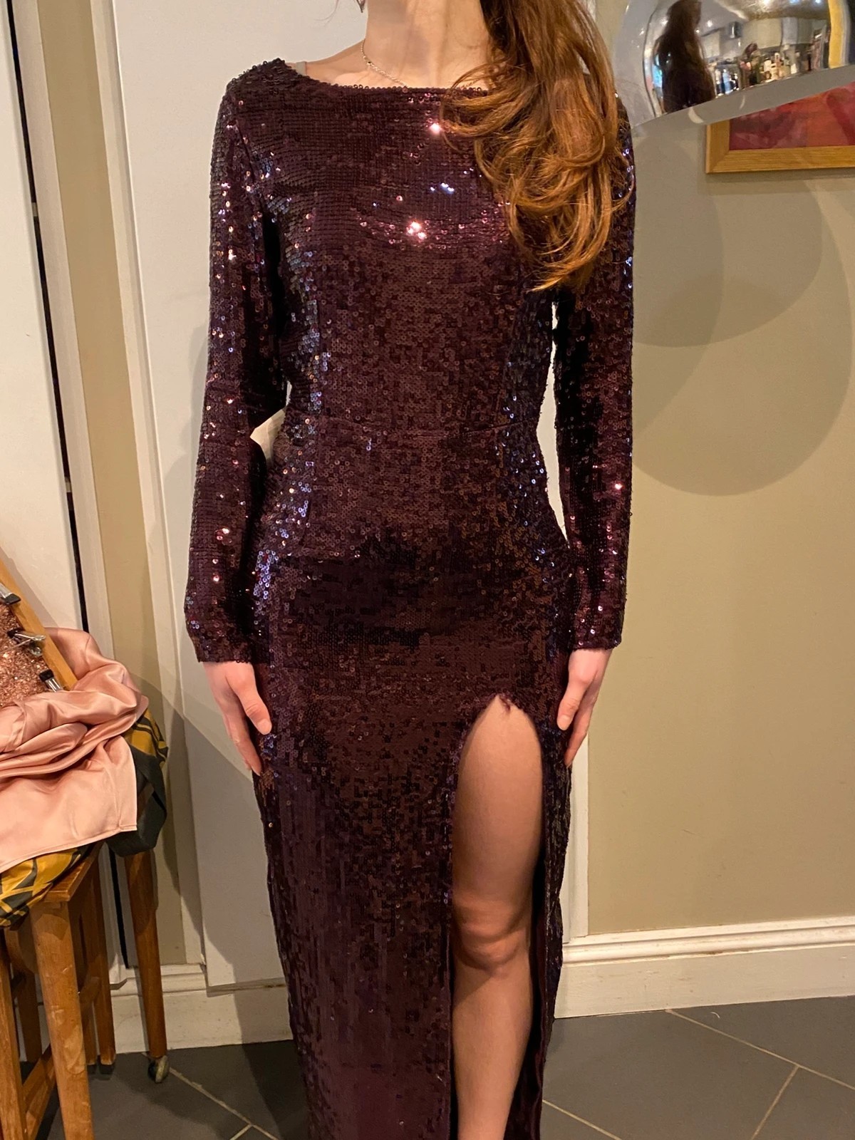 ASOS mulberry sequin maxi gown long sleeves fitted size 10 NEW