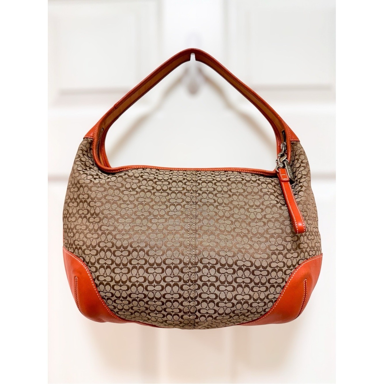 Coach Ergo Large Crescent Hobo Bag Brown Monogram Canvas Orange Leather