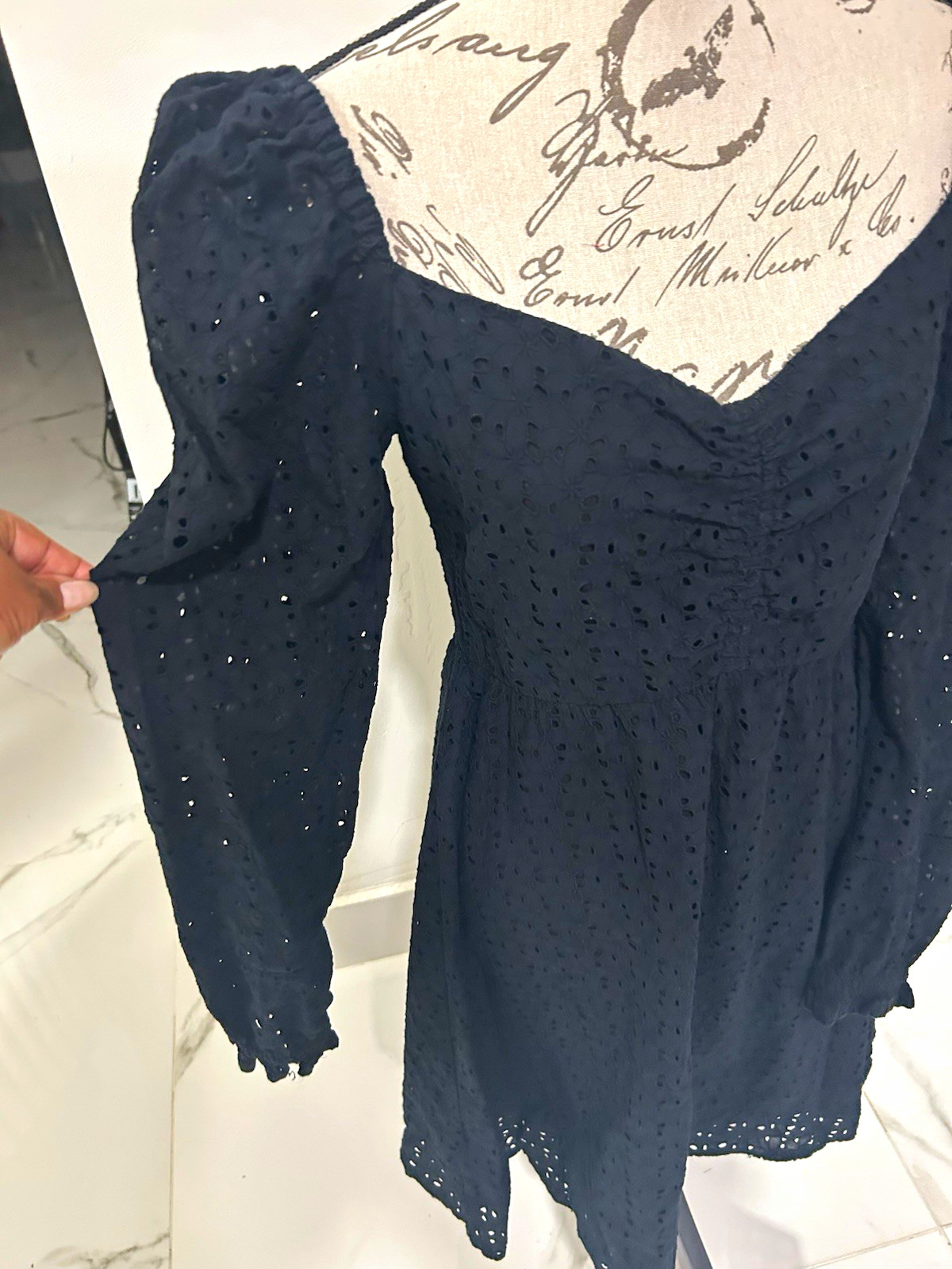Chelsea28 Black Eyelet Sweetheart Puff Long Sleeve Mini Dress Lined S