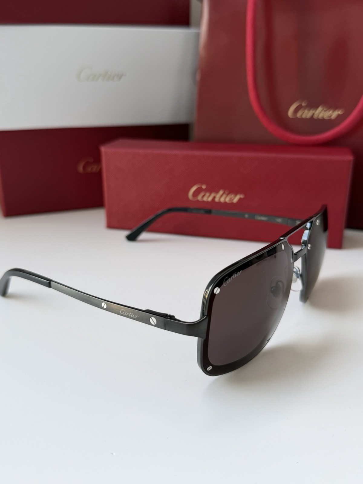 Cartier Santos Sunglasses CT0194S 004 Black Smoke Grey Light Mirror Navigator