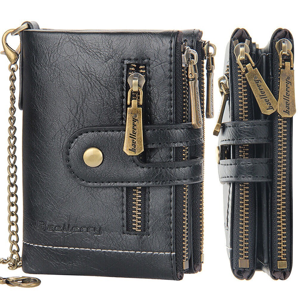 Bifold Double Zipper Coin Pocket Leather Purse Men Wallet with Anti-Theft Chain