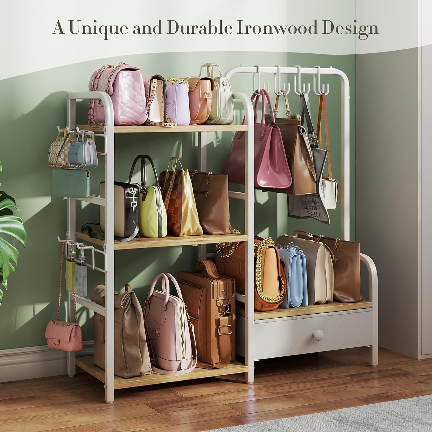 Extra Large Handbag Storage Rack with Hooks & Drawer – Floor-Standing Organizer