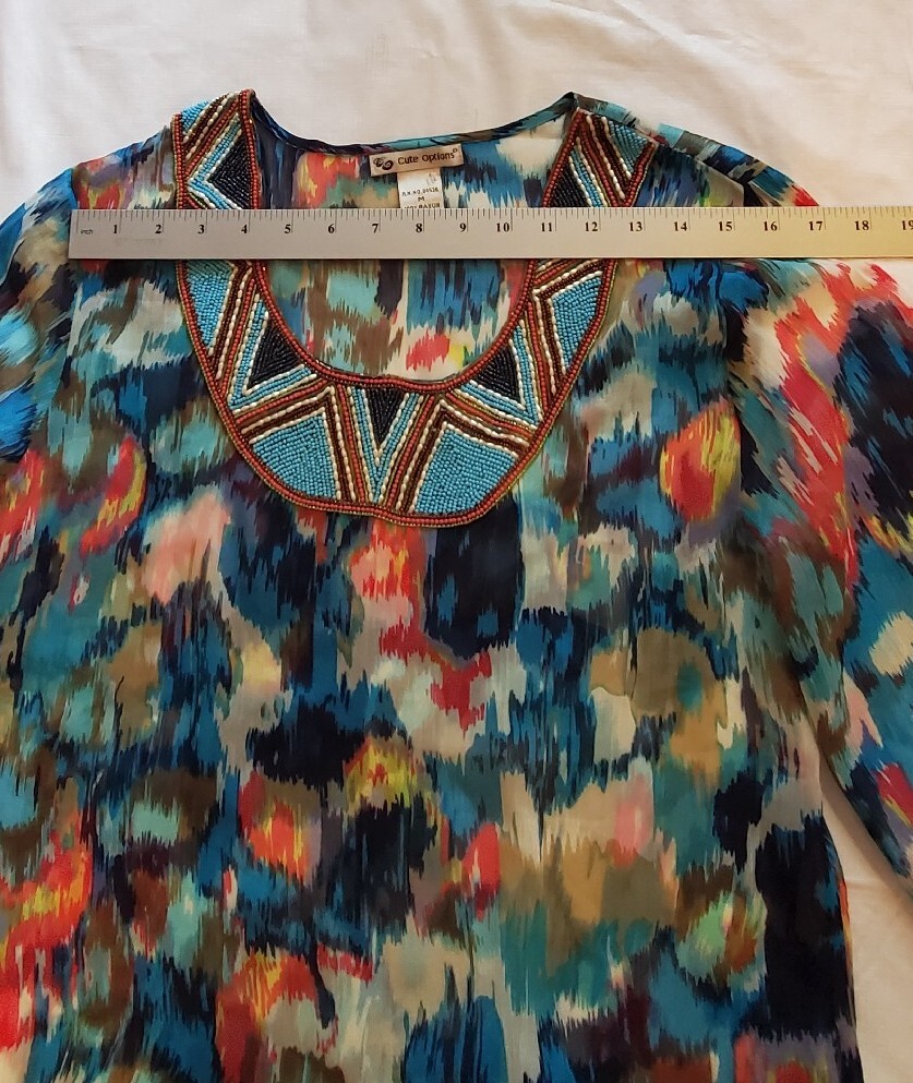 Cute Options Beaded Tunic Women’s Size Medium Floral Sheer Gauzy Cruise-wear 