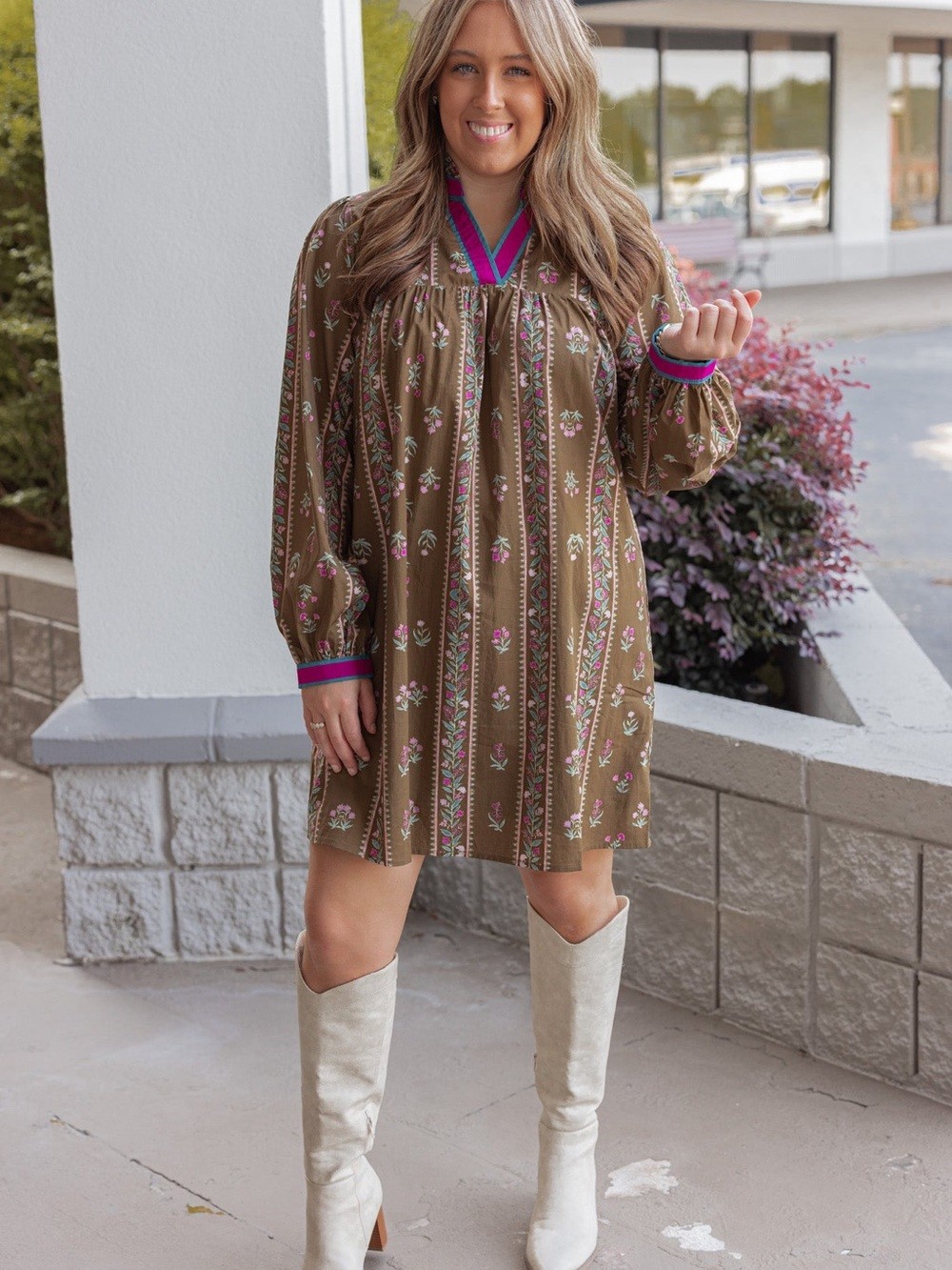 JODIFL Olive Floral Stripe Mini Dress with Pink & Purple Trim