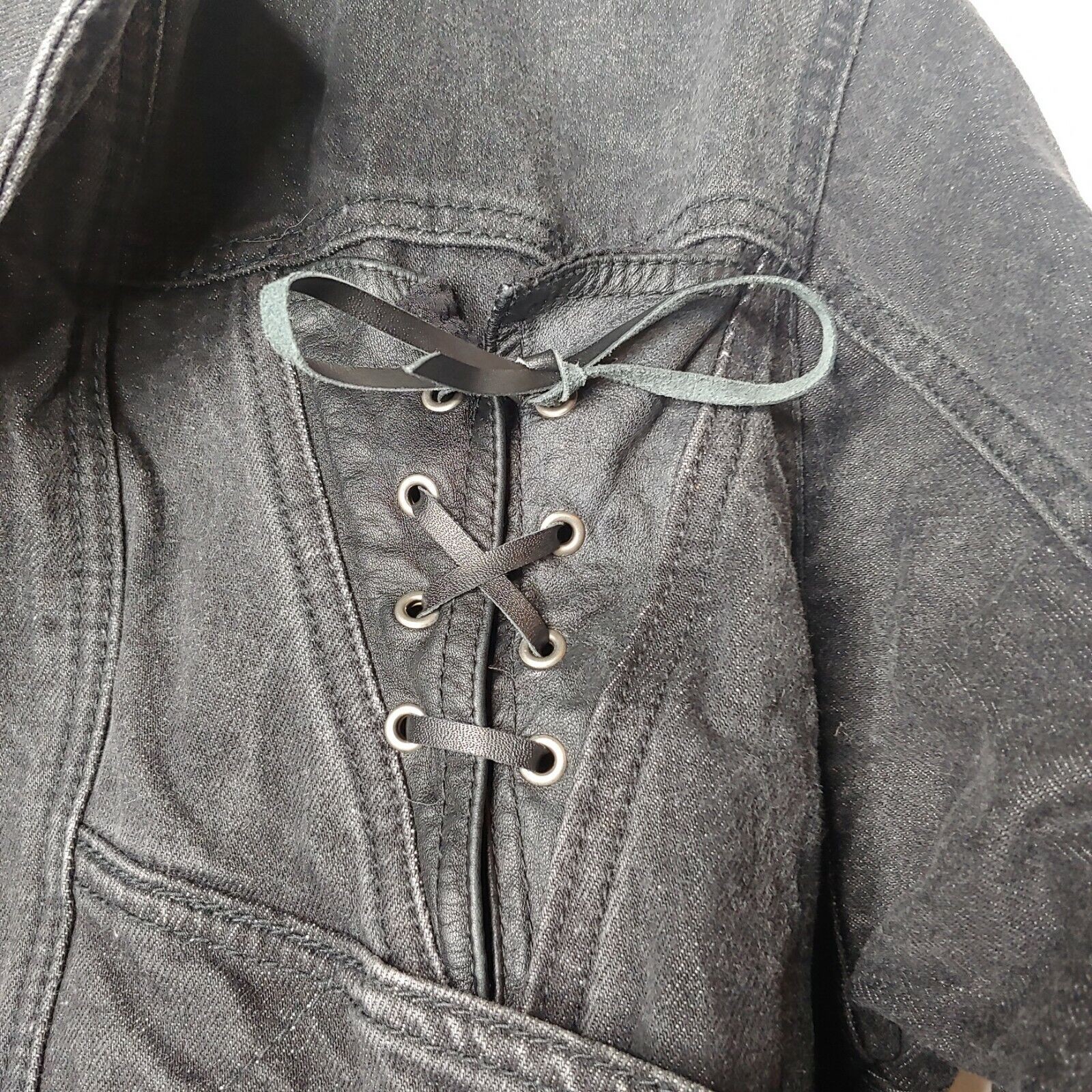 Vintage 1980s Paris Express Denim Jacket Small Snap V Neck Retro Lace Up Crop