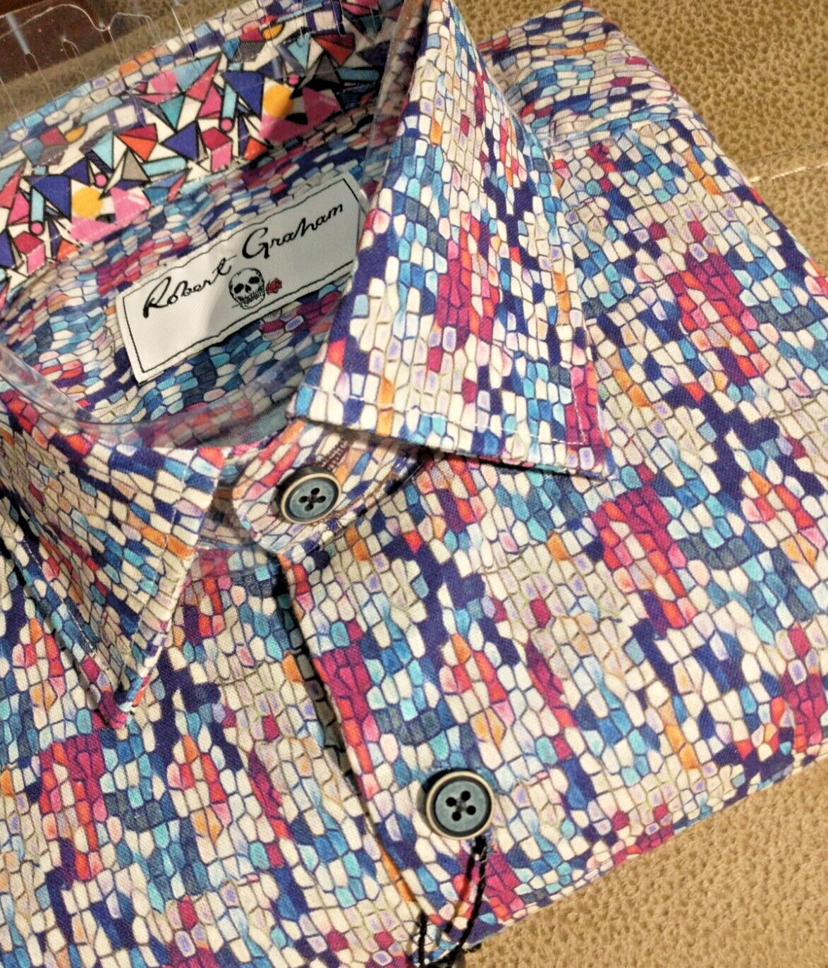 NWT Robert Graham men’s Size L Short Sleeve Button Down Geo/Checks Jacq Clas