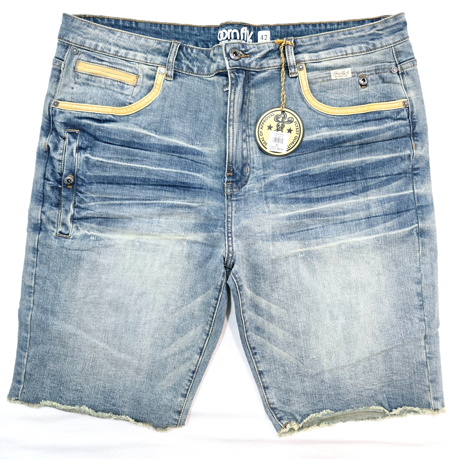 Born Fly Men’s Shorts Big & Tall Blue Tint Wash Patchwork Distressed Denim Short