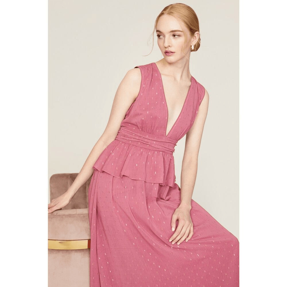 LDT Maxi Gown Women’s 4 Pink Rose Sleeveless V-Neck Peplum Waist A-Line RTR