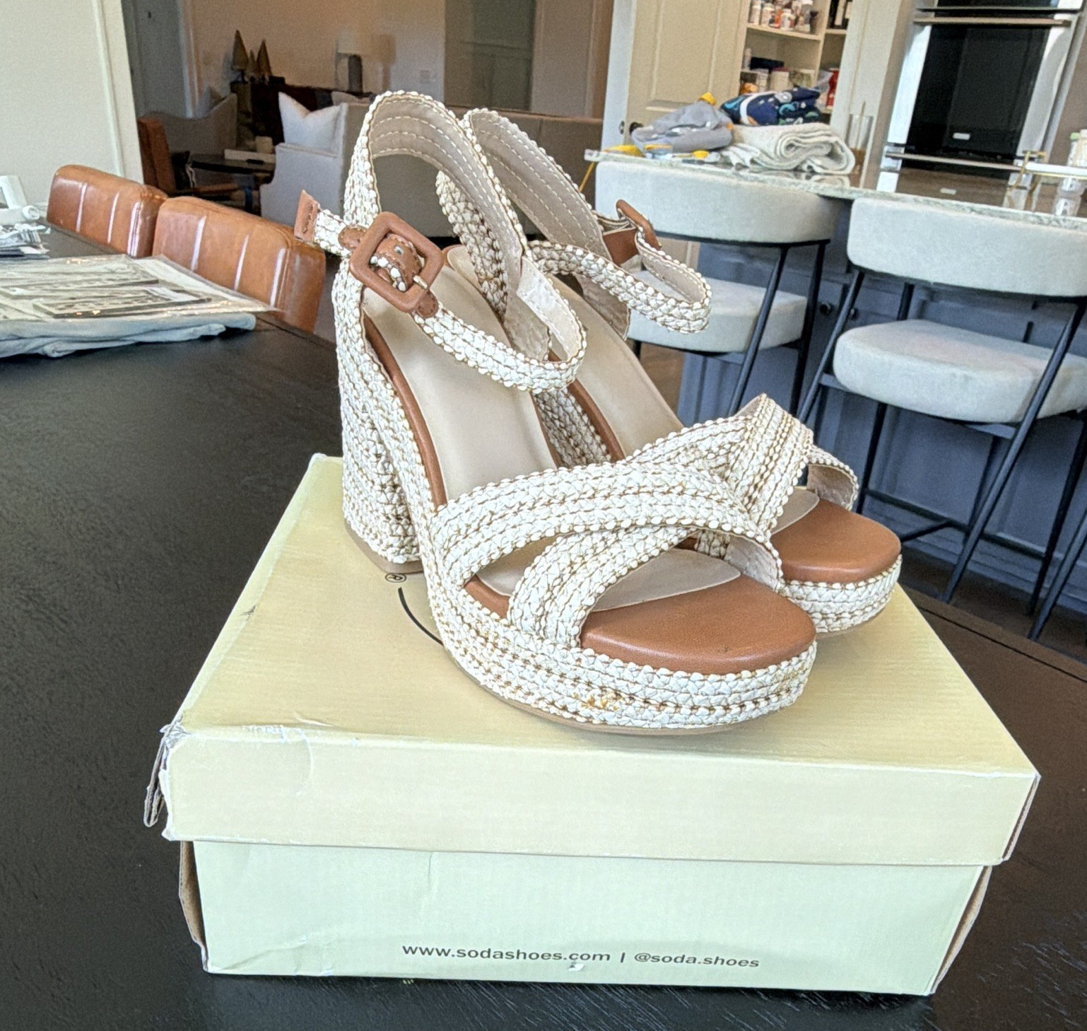 Soda Women’s Beige Braided Strappy Ankle Strap Block Heel Sandals Buckle 5.5