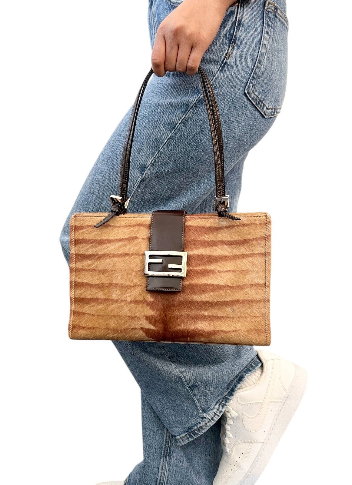 FENDI Vintage FF Logo Shoulder Bag Tote Bag Brown Silver Calf Hair Leather