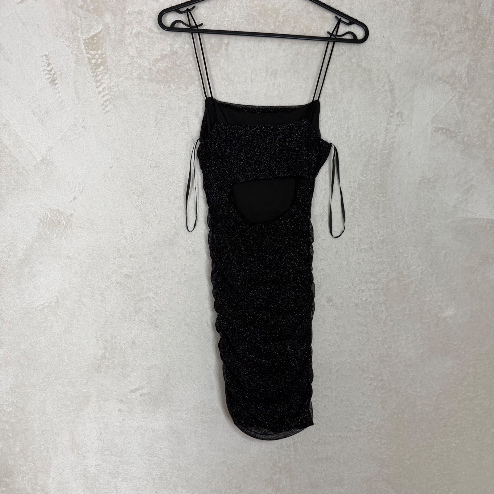 Hello Molly Black Glitter Ruched Back Cutout Mini Dress US 6 Spaghetti Strap