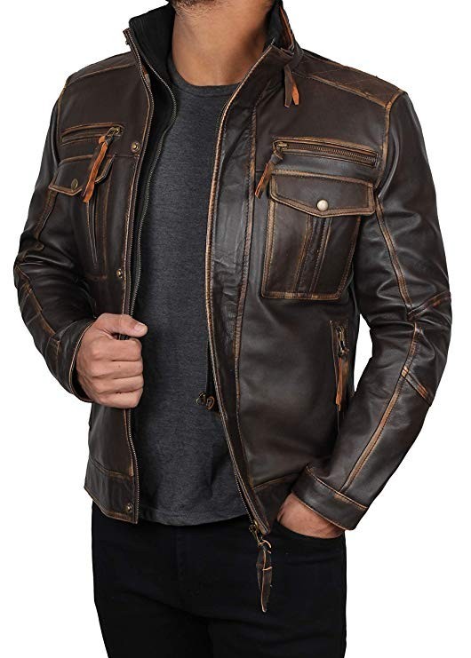 Men’s Distressed Leather RUB-OFF Jacket Vintage Brown Retro Biker Racer Coat