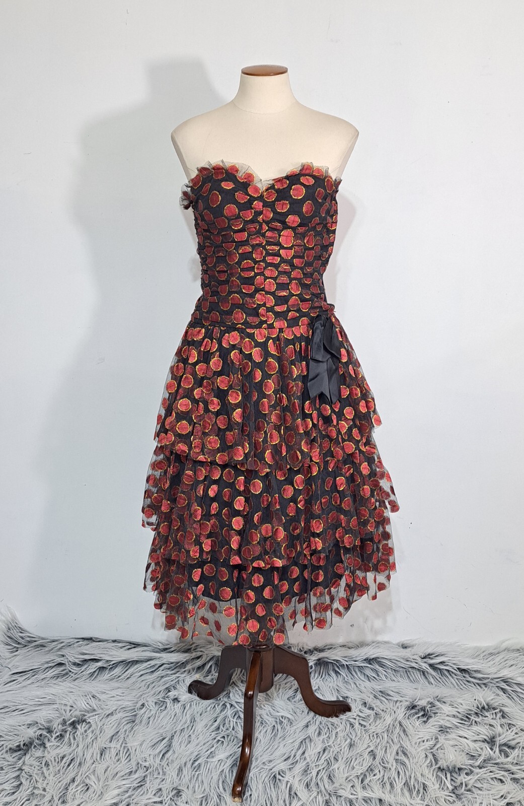 Vintage Bellville Sassoon Strapless Party Dress Ruched Tiered Skirt XS Metallic