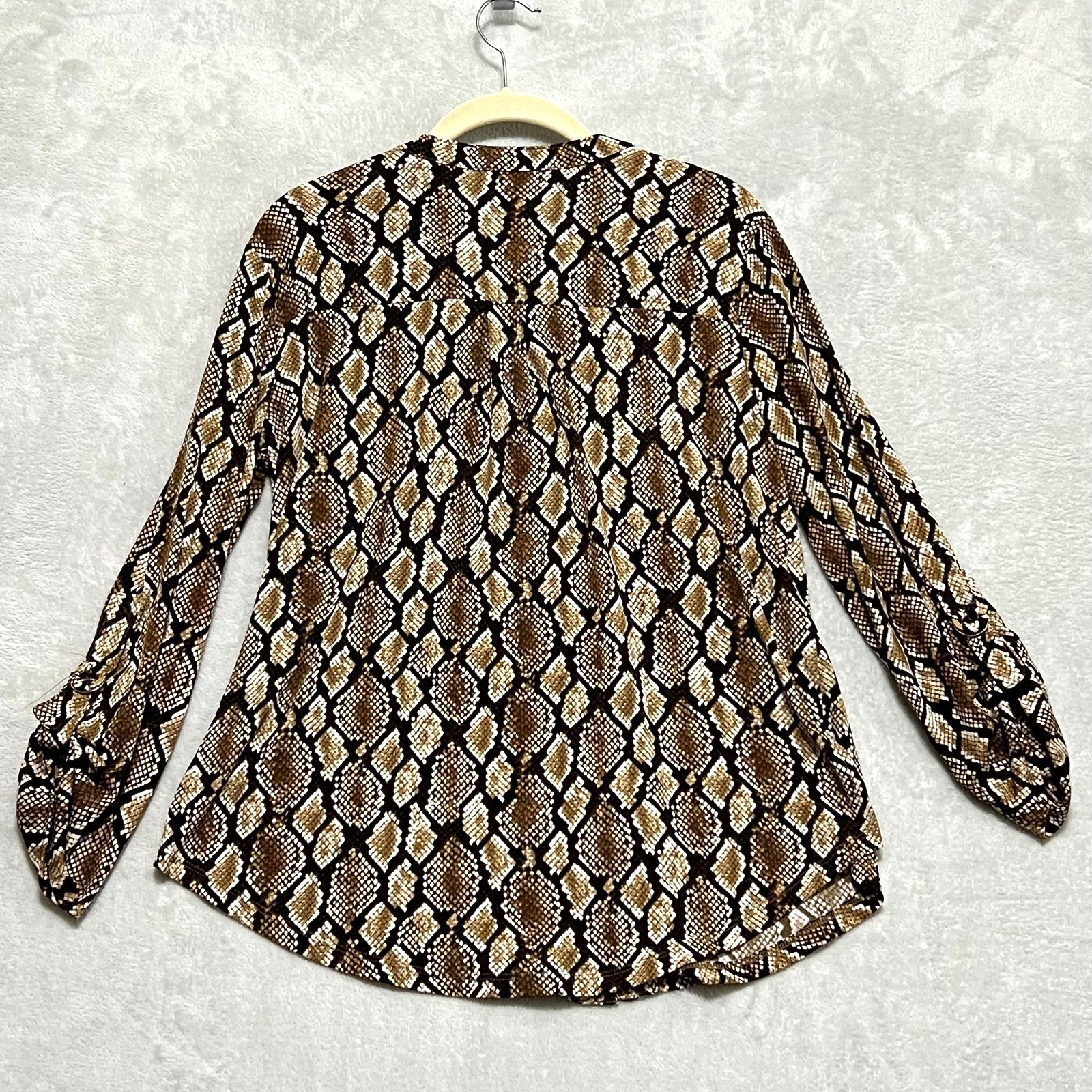 Michael Kors Button Blouse Womens Medium Brown Snakeskin Roll Tab Sleeve Top