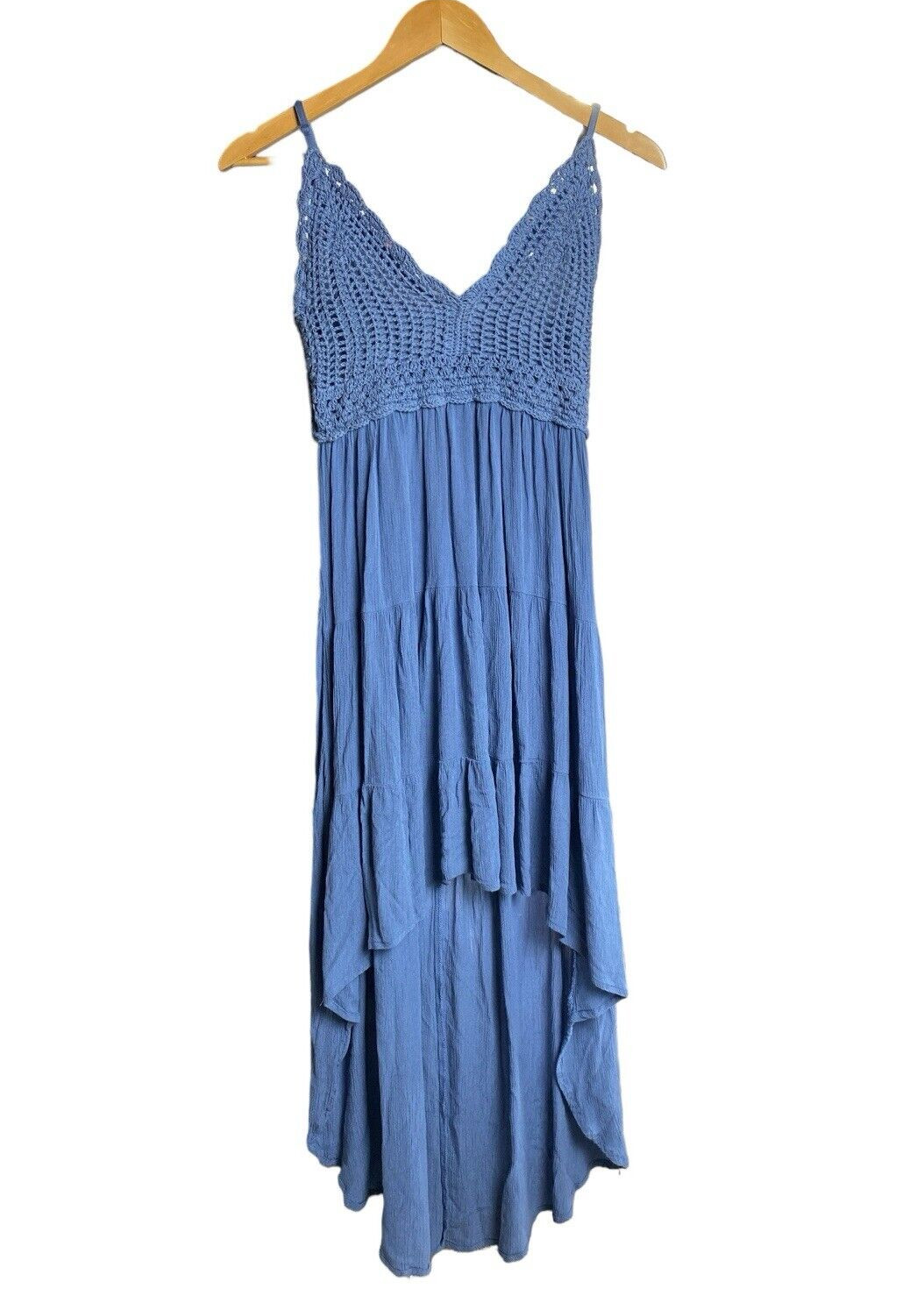 Hint of Blush Blue Crochet Babydoll Hi Low Midi Dress Boho Festival Juniors M
