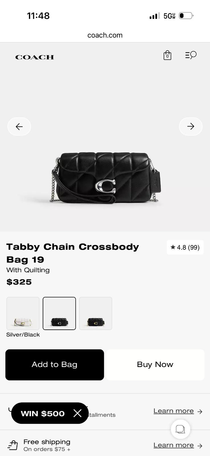 Coach Tabby Quilted Pillow LH/Black Leather Wristlet with Chain