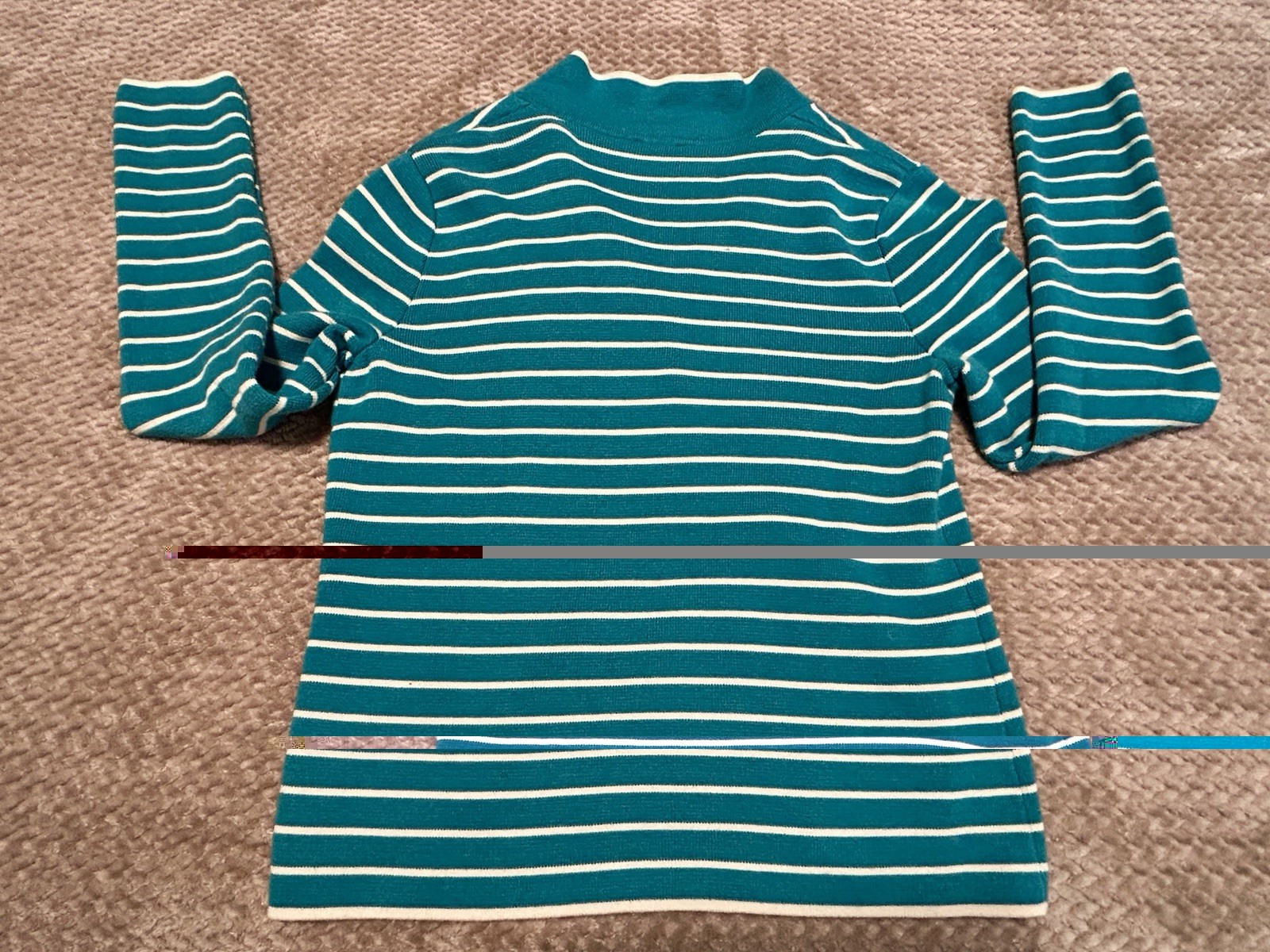 Talbots Sweater Blazer Women Medium Teal White Striped 2 Button Cardigan Jacket