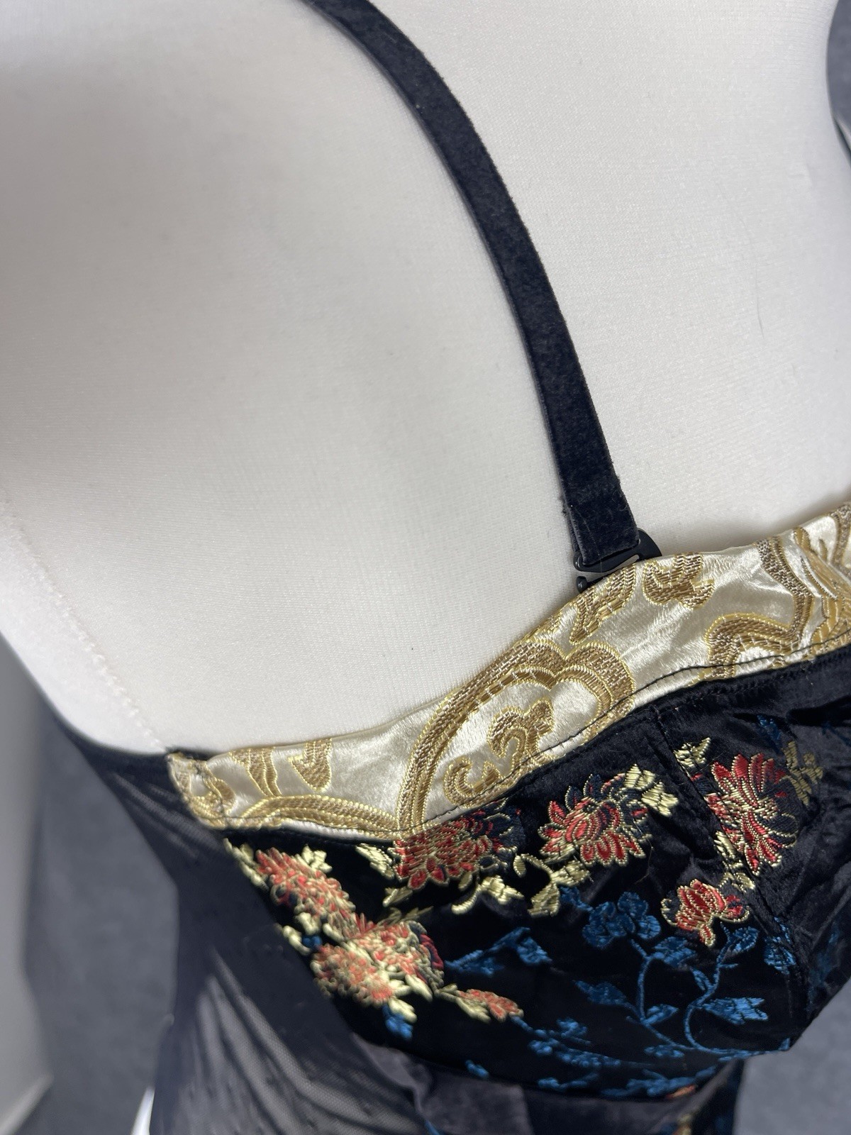 Oriental Floral Embroidered Corset Top UK 14 Black Gold Party Going Out Y2K